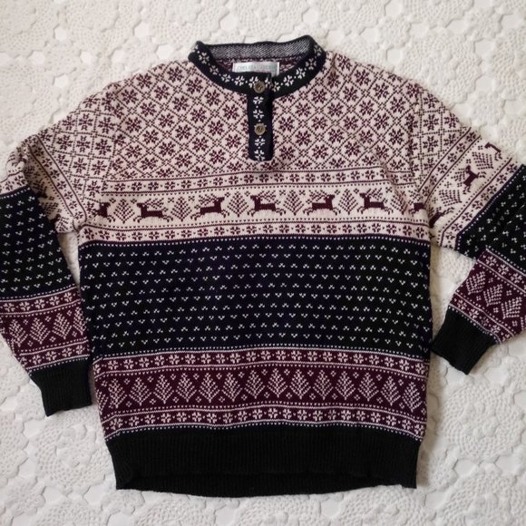 Vintage Sweaters - Vtg 80s Fair Isle Sweater Pull Over Reindeer Blue White Red Cotton Small Women